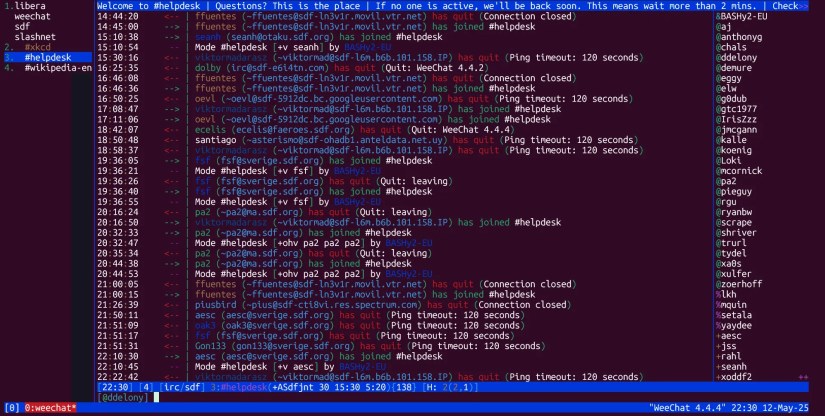 Using tmux with a customized color scheme with Weechat IRC client running on a shell account.