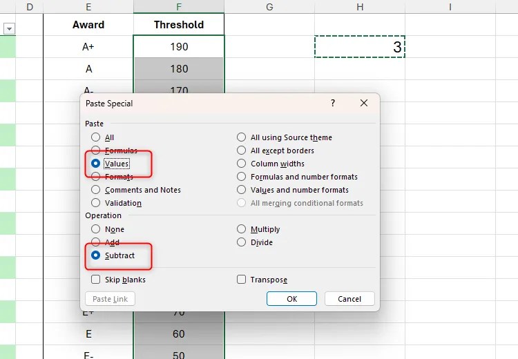 Values and Subtract are checked in Excel&rsquo;s Paste Special dialog box.