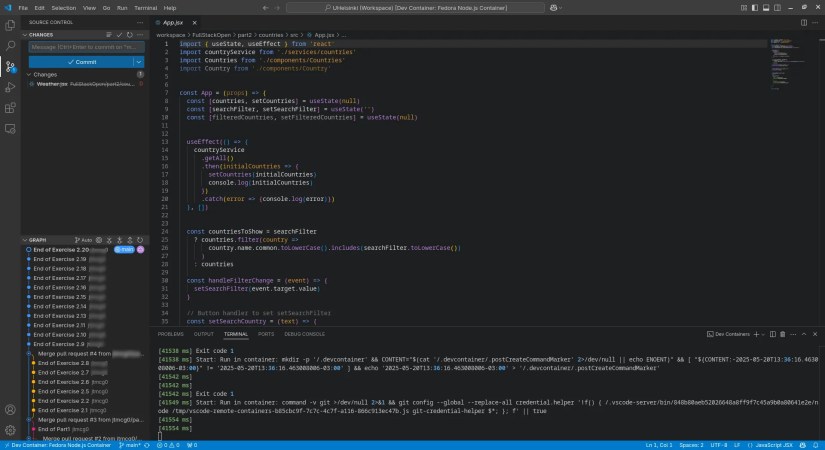 Visual Studio Code showing git commit tree