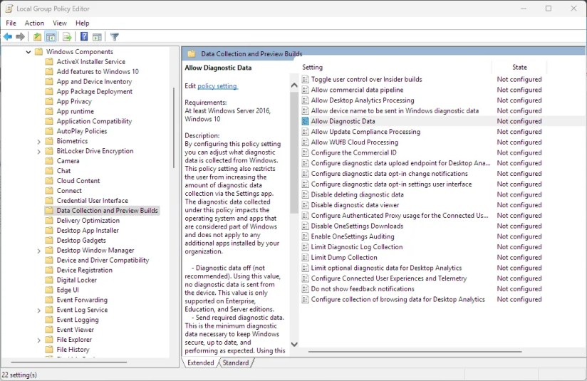 Windows 11 Group Policy Editor showing the allow diagnostic data setting which collects and sends data to Microsoft.