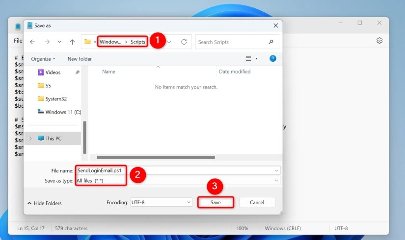 Notepad&rsquo;s &ldquo;Save As&rdquo; window for saving the login email script.