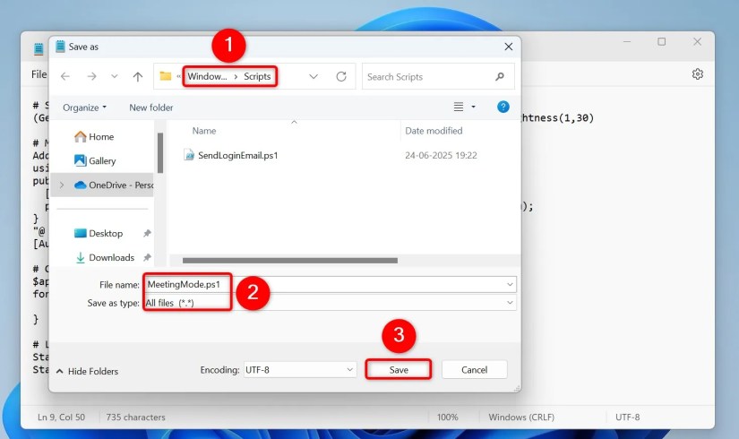 Notepad&rsquo;s &ldquo;Save As&rdquo; window to save the meeting mode script.