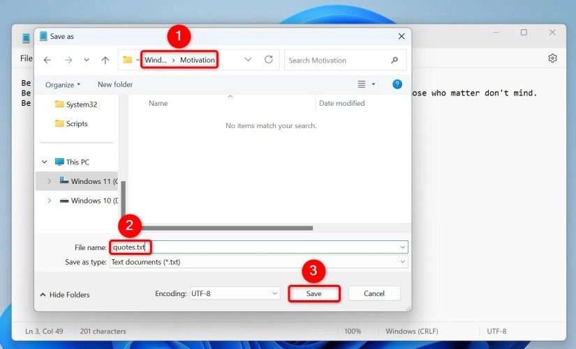 Notepad&rsquo;s &ldquo;Save As&rdquo; window to save the quotes text file.