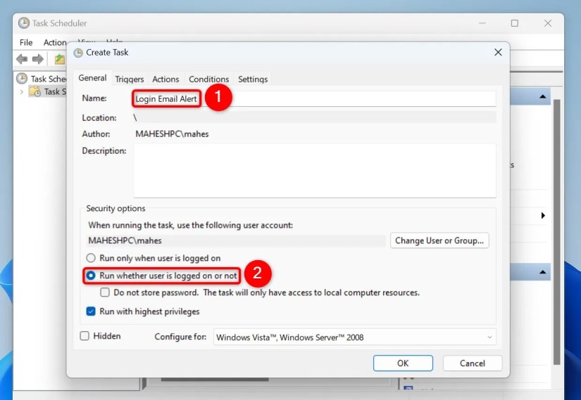 Various options highlighted on Task Scheduler&rsquo;s &ldquo;Create Task&rdquo; window.