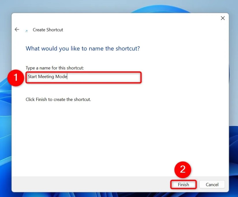 Various options highlighted on the &ldquo;Create Shortcut&rdquo; window.