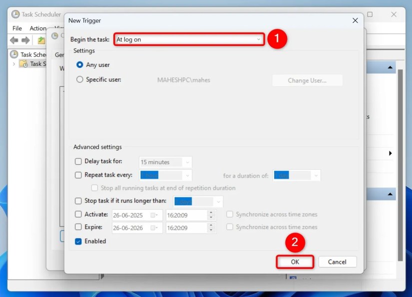 &ldquo;Begin the Task&rdquo; and &ldquo;OK&rdquo; highlighted on the &ldquo;New Trigger&rdquo; window.