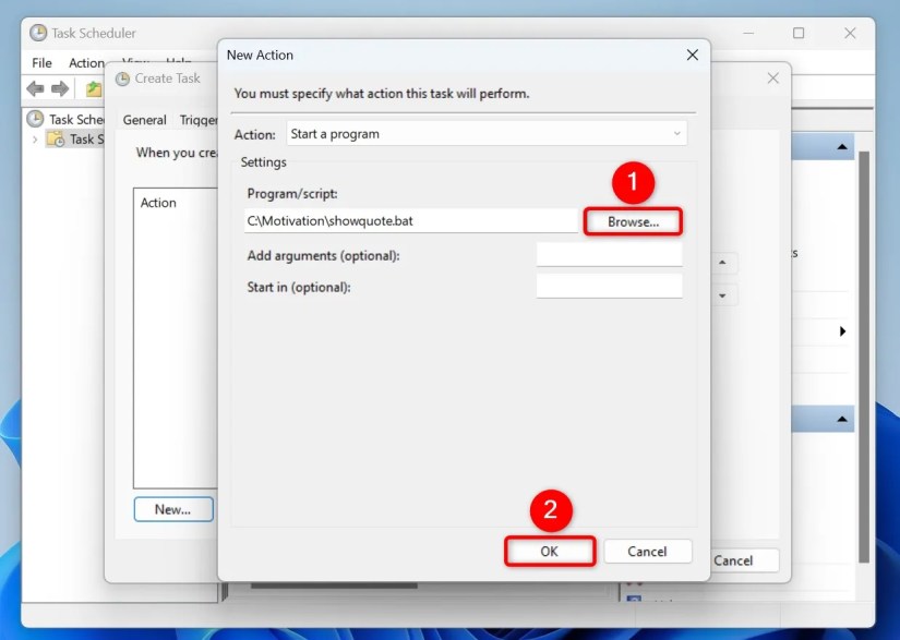 &ldquo;Browse&rdquo; and &ldquo;OK&rdquo; highlighted on the &ldquo;New Action&rdquo; window.