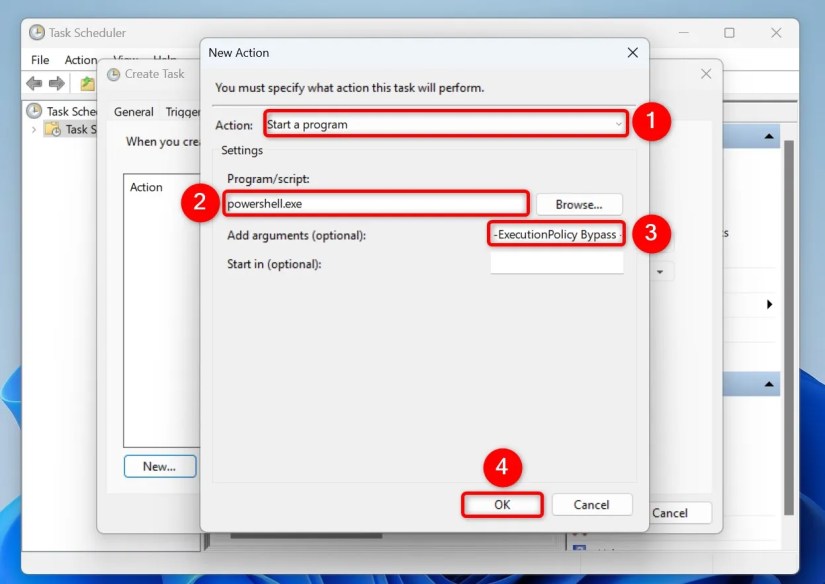 Various options highlighted on Task Scheduler&rsquo;s &ldquo;New Action&rdquo; window.