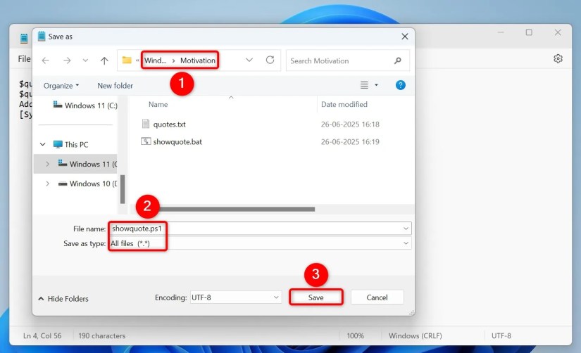 Notepad&rsquo;s &ldquo;Save As&rdquo; window to save the quotes PowerShell script.