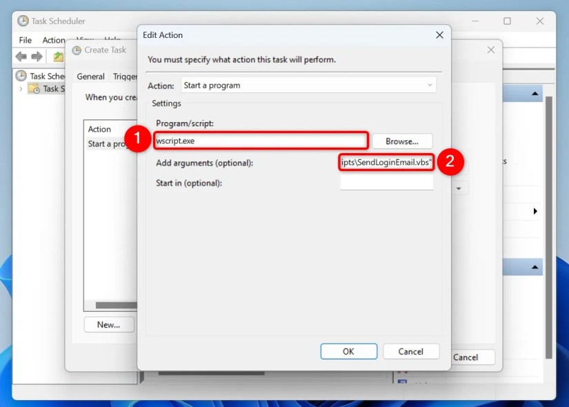 Various options highlighted on Task Scheduler&rsquo;s &ldquo;Edit Action&rdquo; window.