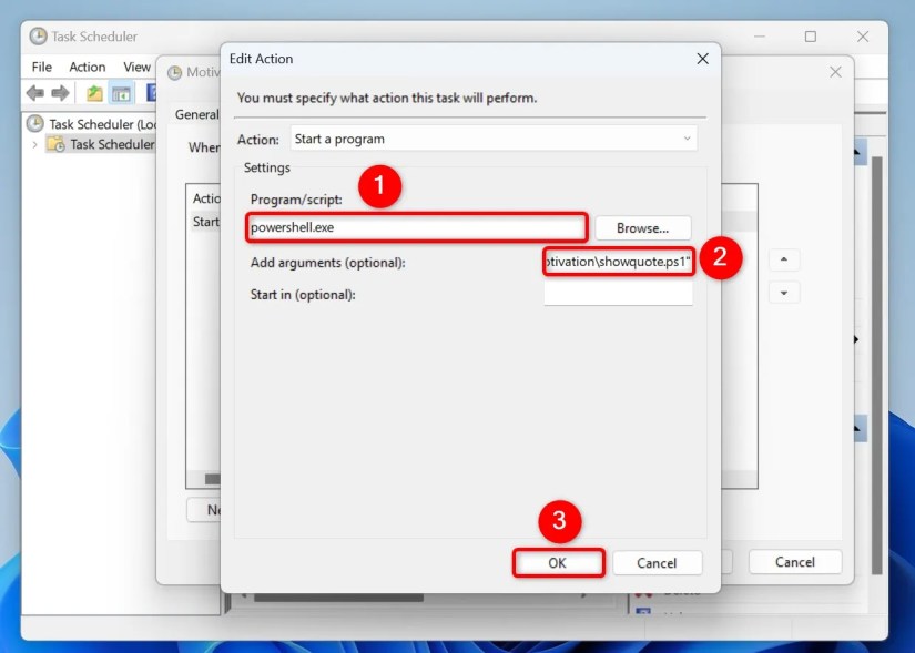 &ldquo;Program/Script,&rdquo; &ldquo;Add Arguments (Optional),&rdquo; and &ldquo;OK&rdquo; highlighted on the &ldquo;Edit Action&rdquo; window.