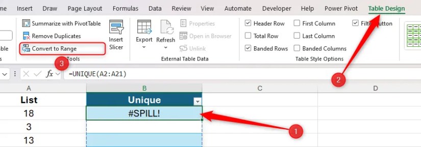 A cell in an Excel table is selected, and Convert To Range in the Table Design tab is highlighted.