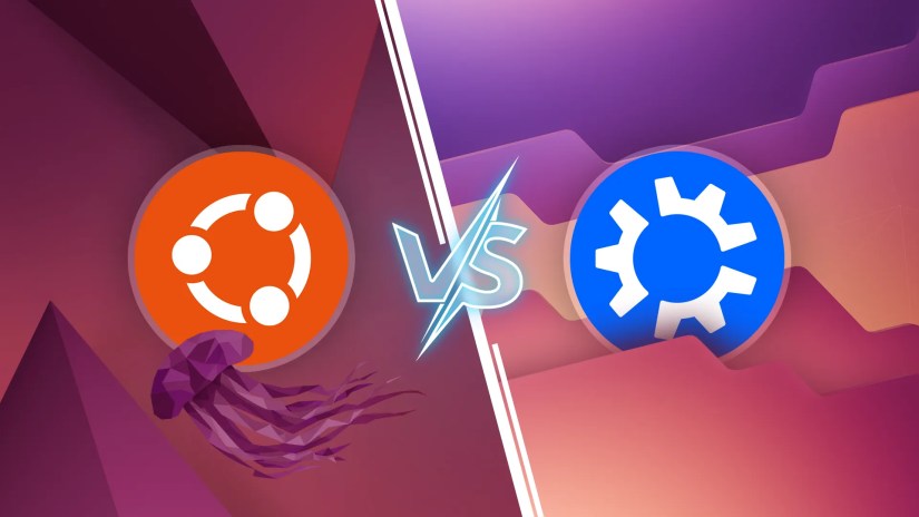 A comparison between Ubuntu and Kubuntu, featuring each distro&rsquo;s default wallpaper as the background.