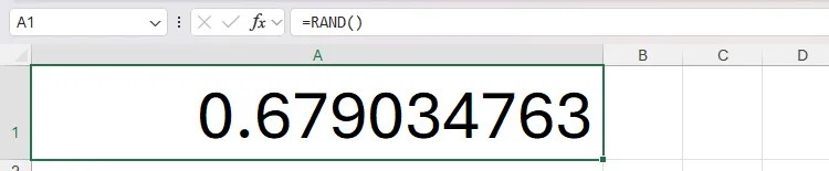 A random number between 0 and 1 is displayed in cell A1 in Excel through the use of the RAND function.
