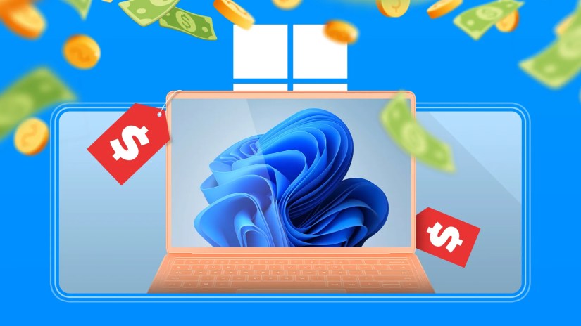 A Windows 11 laptop with price tags, coins, and dollar bills around it.