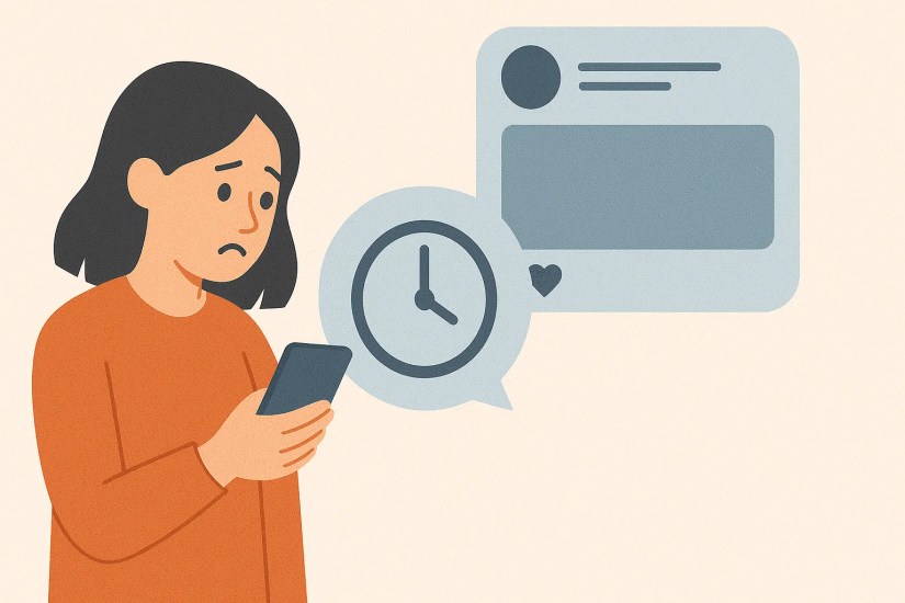A woman looking at her phone with graphics of a clock and posts showing delayed time.