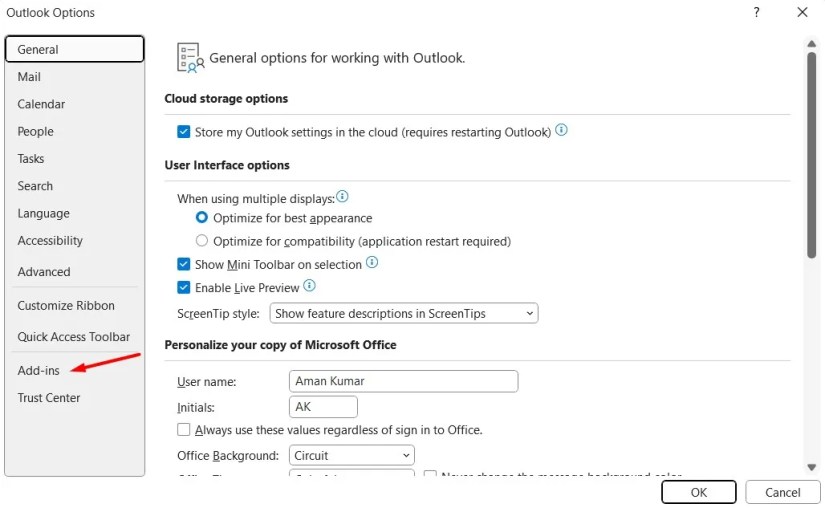 Add-ins option in the Outlook Options window.