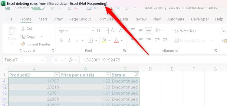 An Excel file that is not responding.