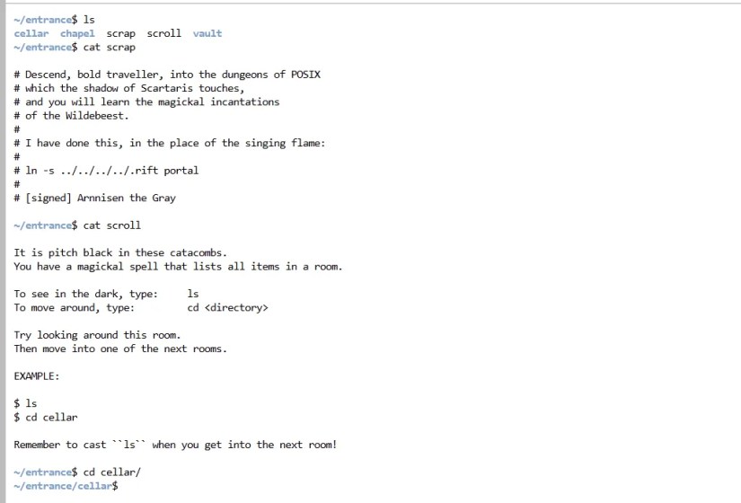 An instance of the bashcrawl game being played on the Linux terminal.