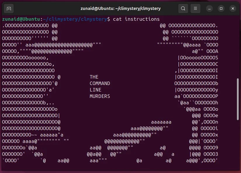 An instance of the clmystery game being played on the Linux terminal.
