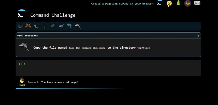 An instance of the cmdchallenge game being played on the browser.