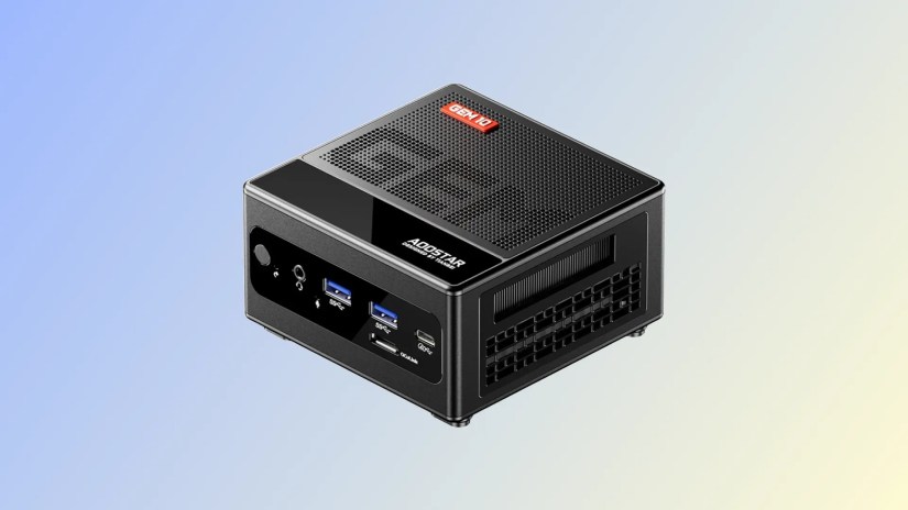 AOOSTAR GEM10 mini PC against a bluish background.