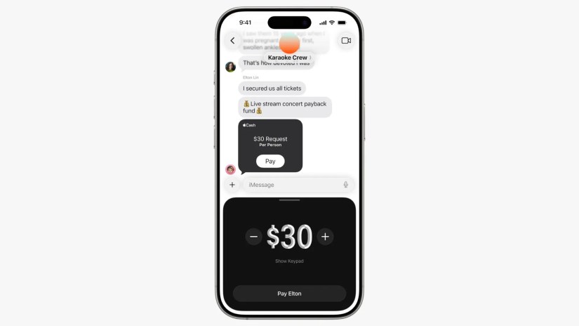 Screenshot of the Apple Messages screen with Apple Cash request on the screen.
