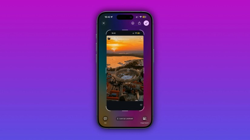 iPhone using visual intelligence to identify a landmark on an Instagram screenshot.