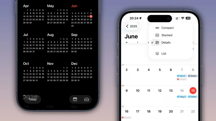 Two framed iPhone screenshots showcasing the Calendar app on iOS 26.