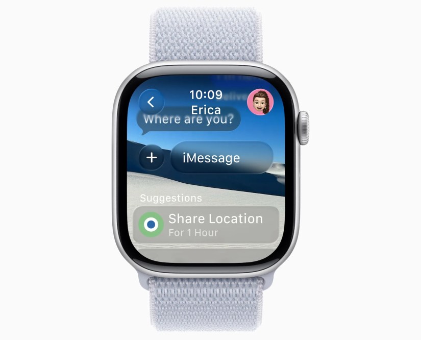 Messages on an Apple Watch with a custom background.