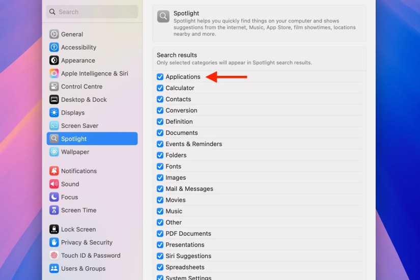 Applications checkbox for Spotlight in System Settings on Mac.