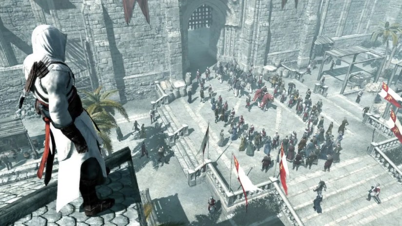 Altaïr watching a crowd from a rooftop in Assassin&rsquo;s Creed.