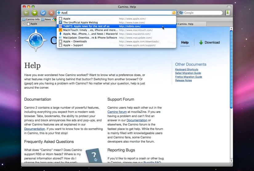 A screenshot showing Camino web browser&rsquo;s autocomplete feature in action.