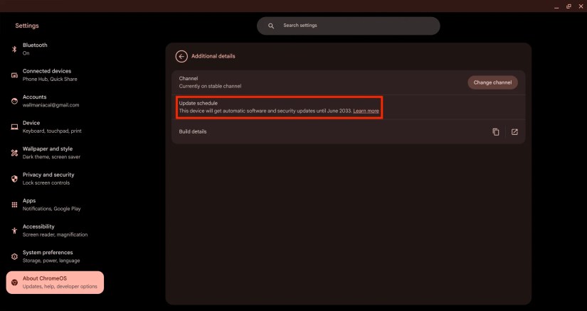 Chromebook AUE date in the settings app.