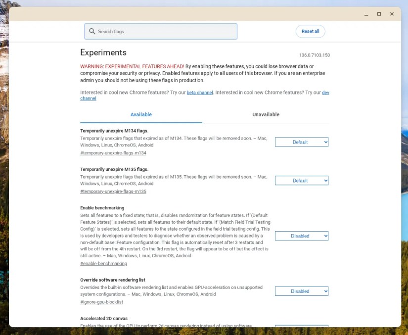 ChromeOS experimental flags page showing options.