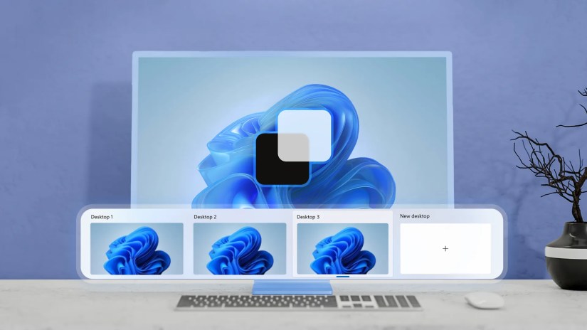 Computer screen displaying the Windows 11 interface with previews of multiple virtual desktops.