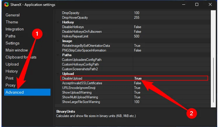 Select the &ldquo;Advanced&rdquo; tab, then change DisableUpload from &ldquo;False&rdquo; to &ldquo;True.&quot;
