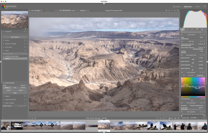 Editing a shot of a canyon in darktable.