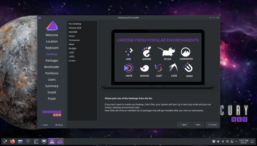 EndeavourOS Installer picking Desktop Environment.