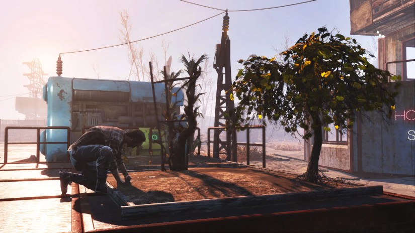 A player tending to crops at a settlement in Fallout 4.