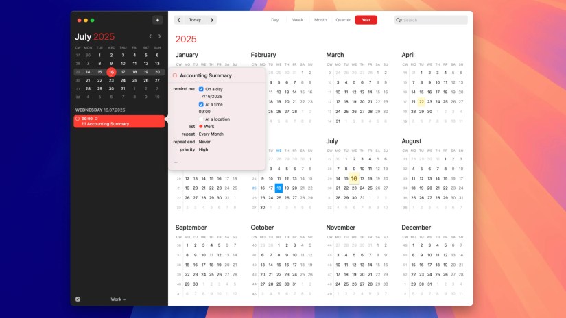 The Fantastical Mac app displaying a calendar in the year view.