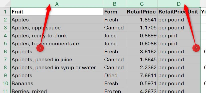 Four adjacent columns are selected in Excel by clicking a column header, pressing Shift, and clicking another column header.