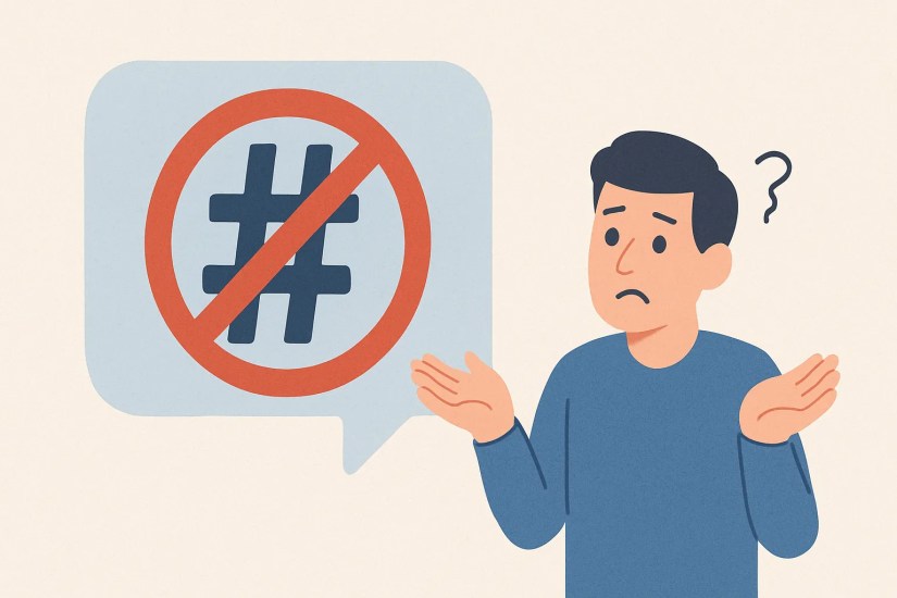 Illustration of a man looking at a sign with a crossed out hashtag.