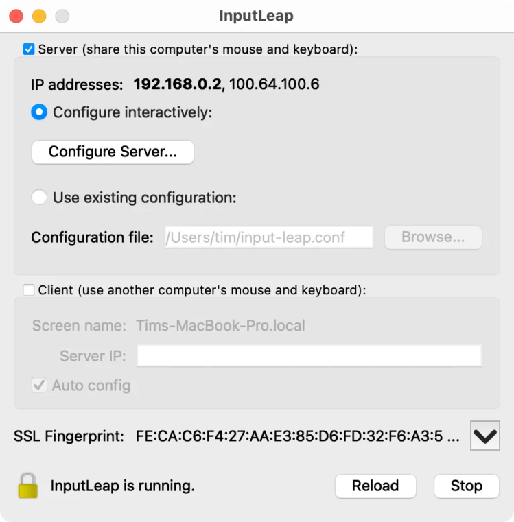 Input Leap server running on macOS.
