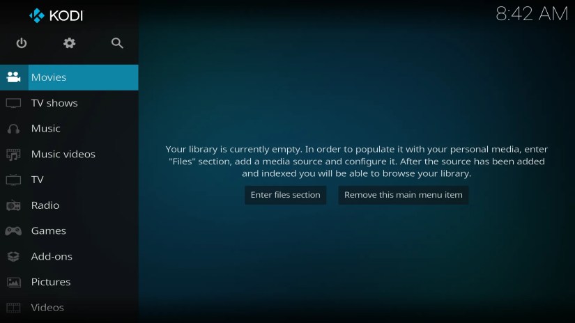 A screenshot showing Kodi homescreen on LibreElec.