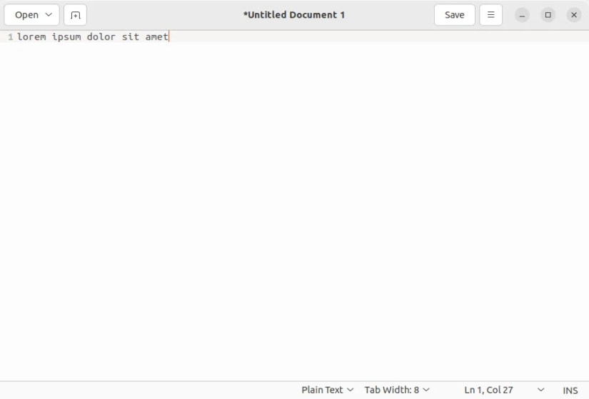 A new document in the Ubuntu text editor showing just a single line of text.