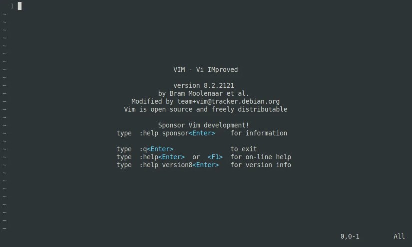 Vim open without a specific file showing help text.