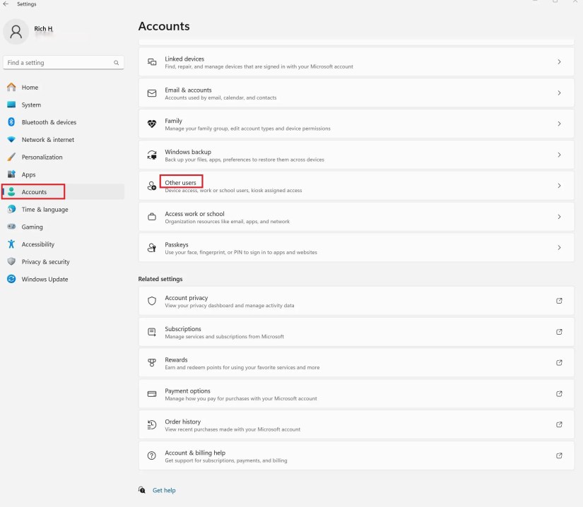 A screenshot of Windows 11 privacy settings where you can create a new account.