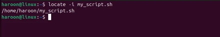 Locating the file using its name with locate command in Ubuntu terminal.