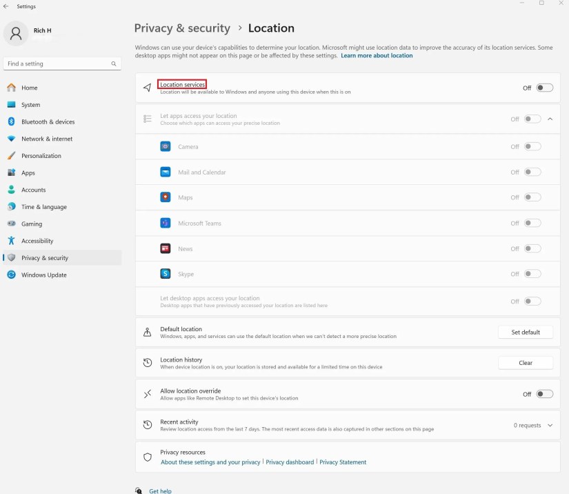 The Privacy &amp; Security screen in Windows 11 that covers location data